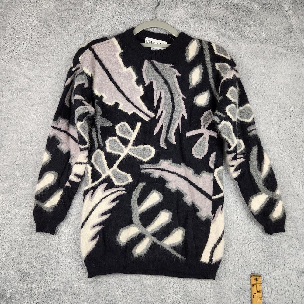 Vintage Richard And Company Sweater Womens Medium Black Angora Tunic Floral 80s